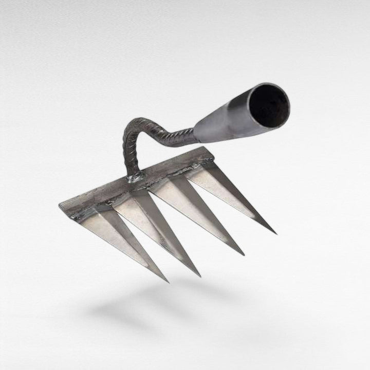 Ergonomic heavy-duty steel garden rake, a deep-penetrating weeding tool for easy lawn care.
