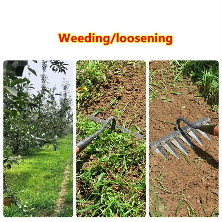 Robust steel garden rake & weeding tool for efficient weed removal and outdoor lawn maintenance.