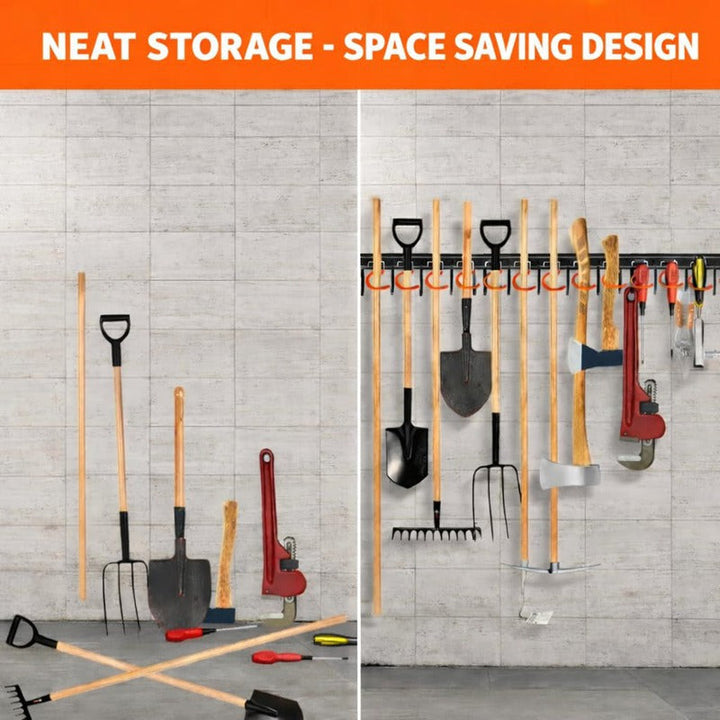 Wall-mount garage tool holder, keeping shovels, rakes & brooms organized. Efficient storage.