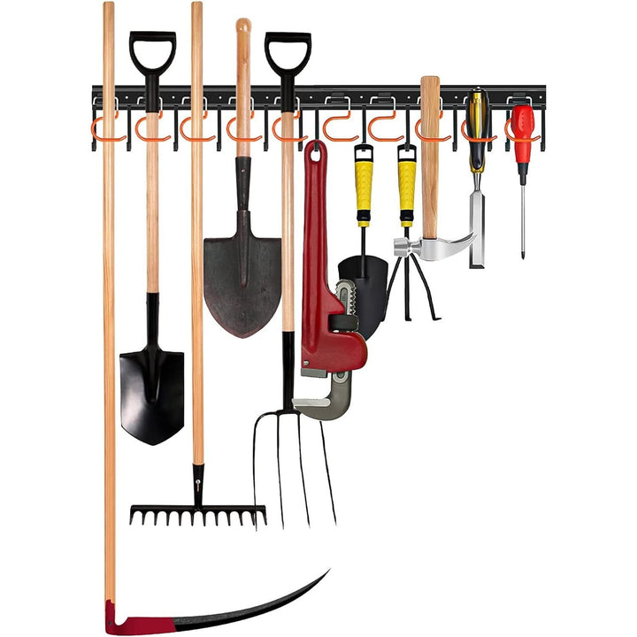 Garden tool wall holder, heavy-duty utility rack for tidying up your shed or garage workspace.
