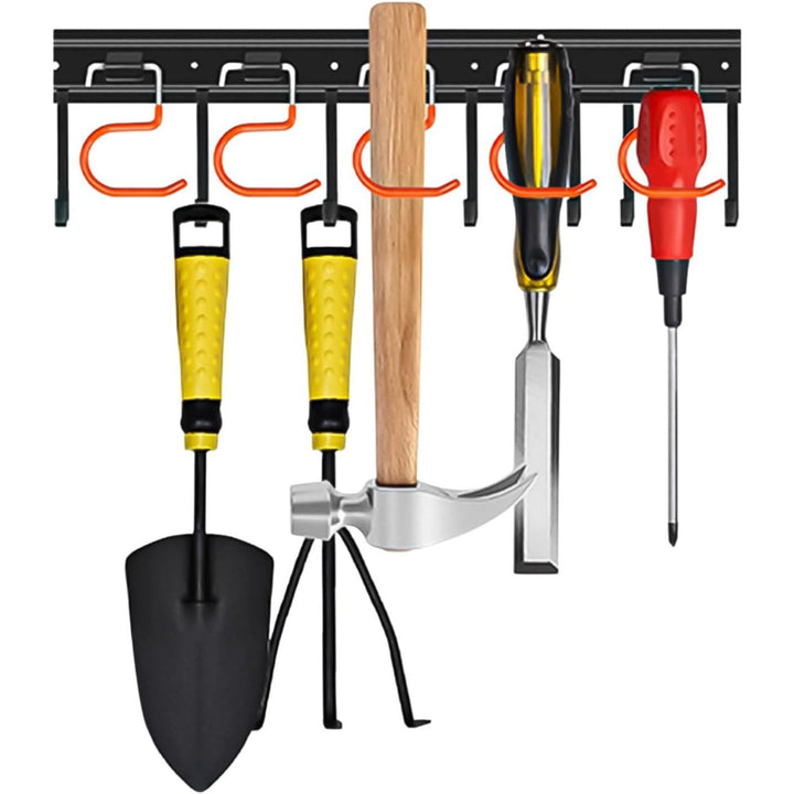 Durable wall-mounted tool organizer for workshops. Heavy-duty design for garden & utility items.
