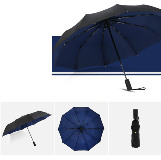 Close-up of a heavy duty storm umbrella, showcasing its waterproof fabric and sturdy construction.
