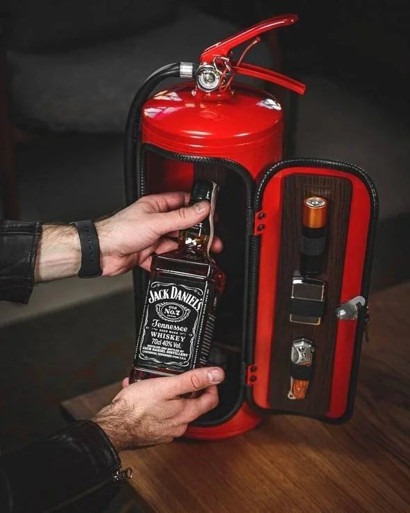 Closed HiddenFlame secret bar, blending in as a fire extinguisher; perfect for hidden drink storage.