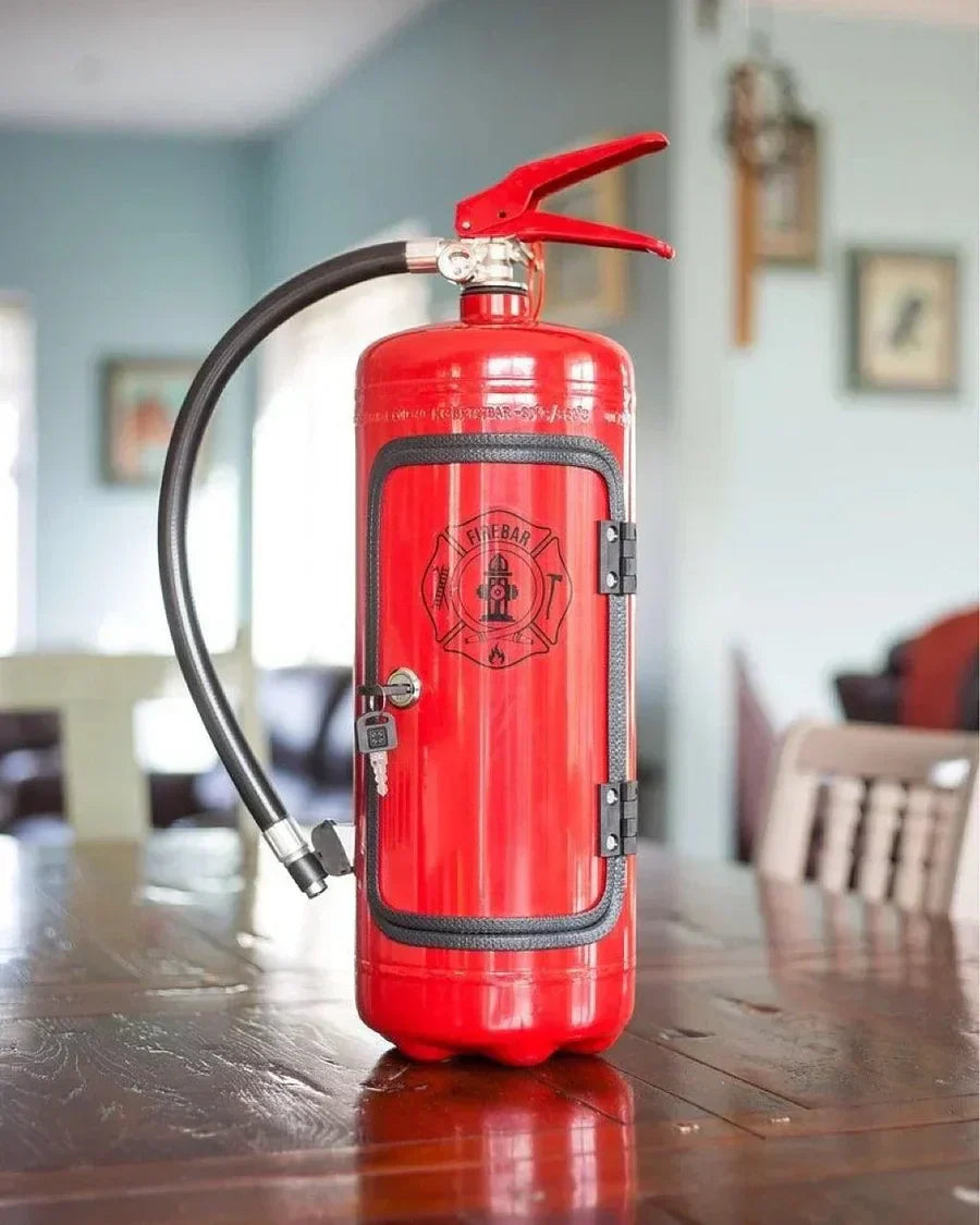 Full view of the HiddenFlame Fire Extinguisher Mini Bar, showcasing its innovative hidden drink storage.