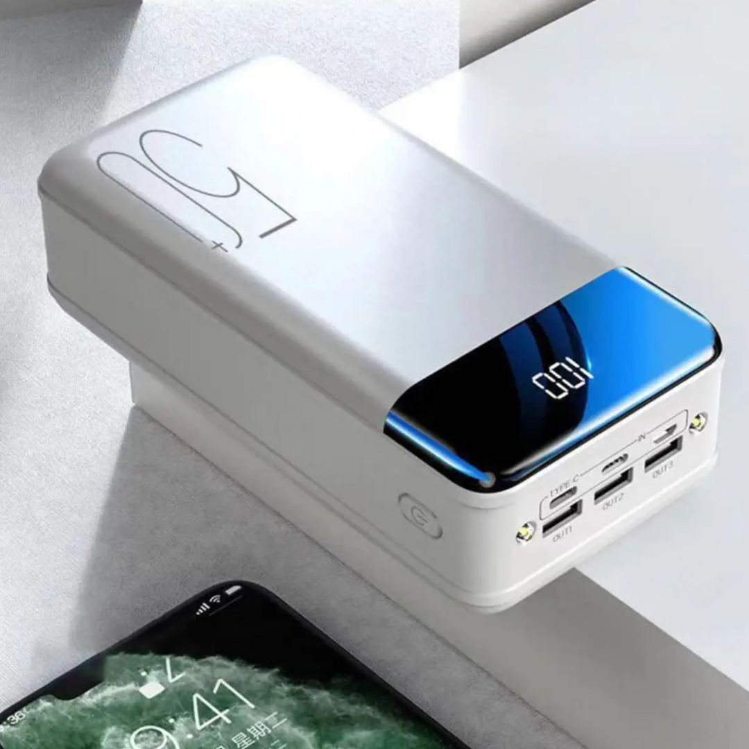 Premium high capacity portable power bank, universal charger for phones, tablets, and laptops on the go.