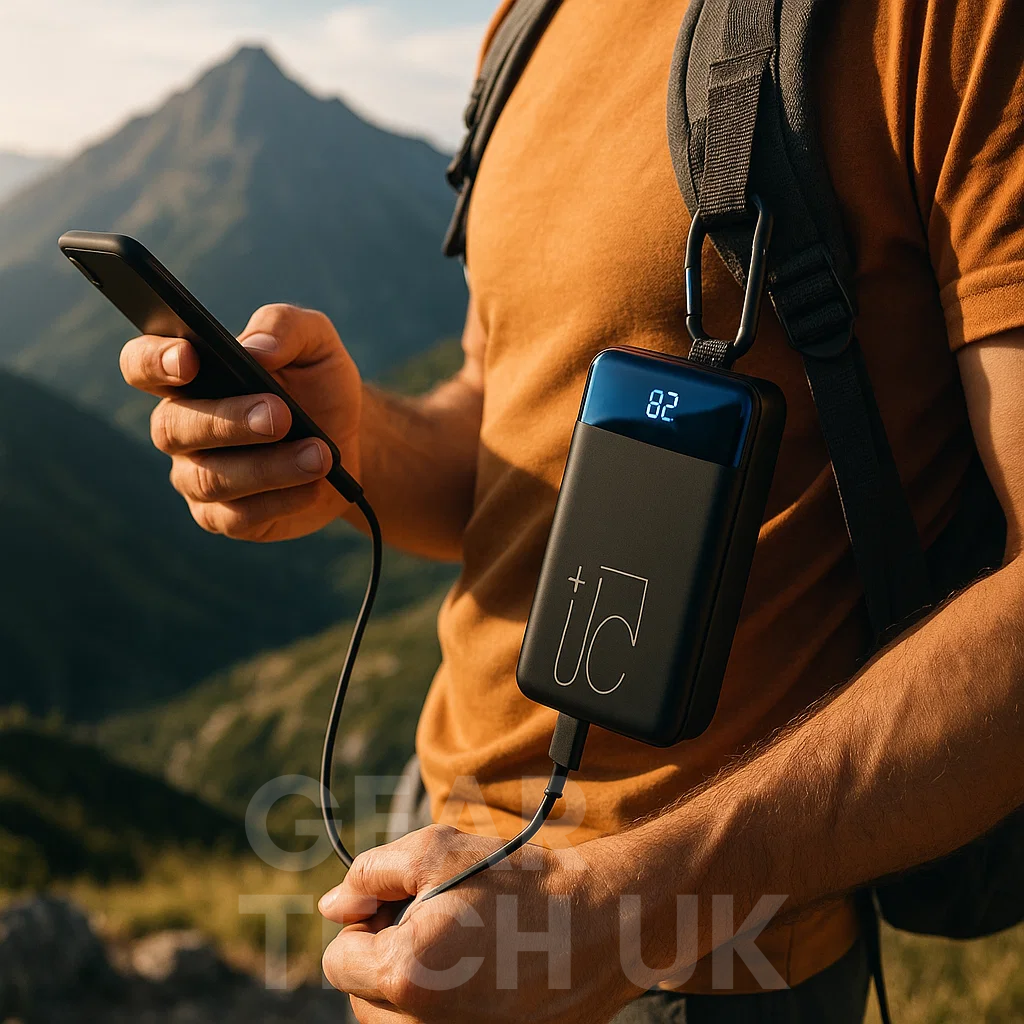 Sleek high capacity power bank, mobile accessory for travel & daily phone and laptop charging needs.