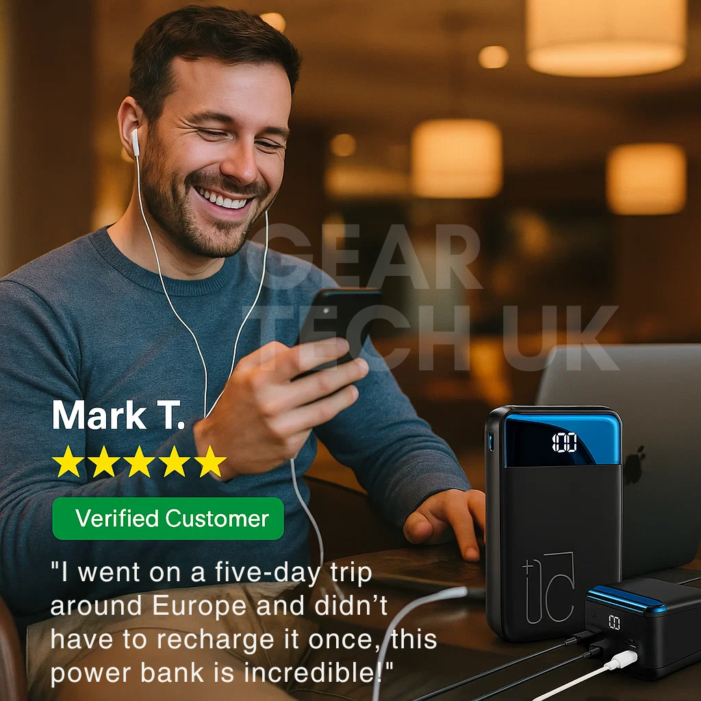 Fast charging portable power bank for smartphones, tablets, and laptops. A travel essential external battery.