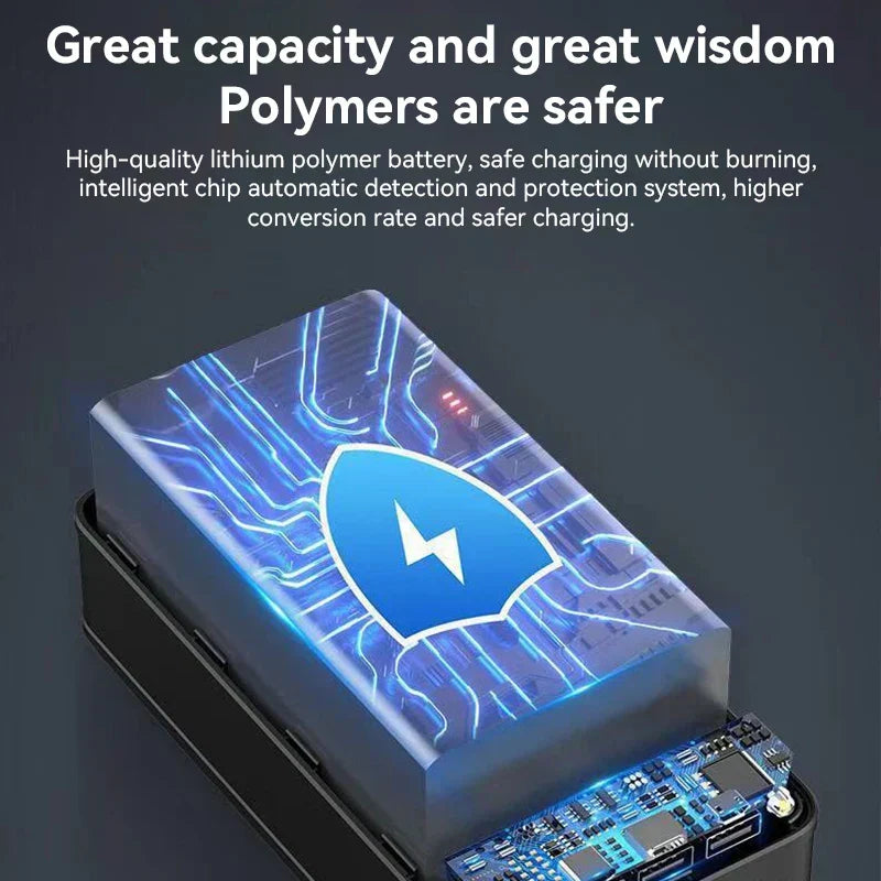 Advanced high capacity portable power bank, ensuring reliable power for phones and laptops. Mobile accessory.