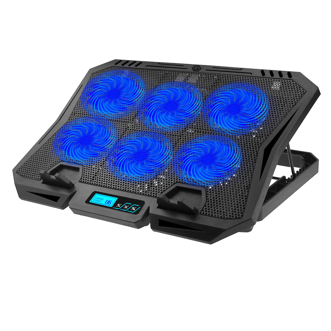 High-performance laptop cooling pad with adjustable fans & digital control for gaming and device protection.