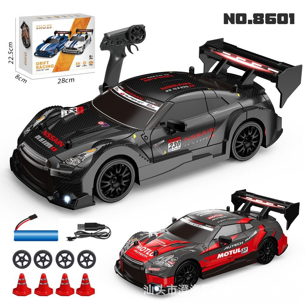 Kids playing with a high-speed off-road remote control RC car, tackling rough terrain. Durable alloy racing toy.