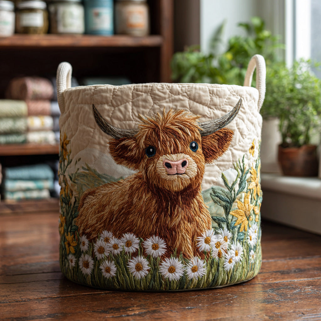 Highland Charm quilted laundry basket. Decorative fabric hamper for home organization in laundry room, bedroom, or bathroom.