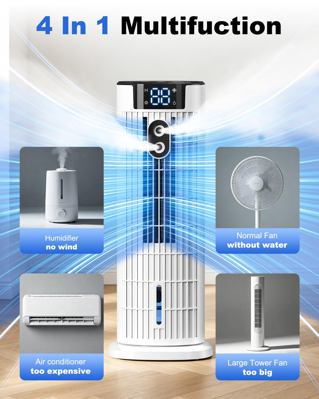 Portable evaporative air cooler, fan, and humidifier for home, features remote & timer.