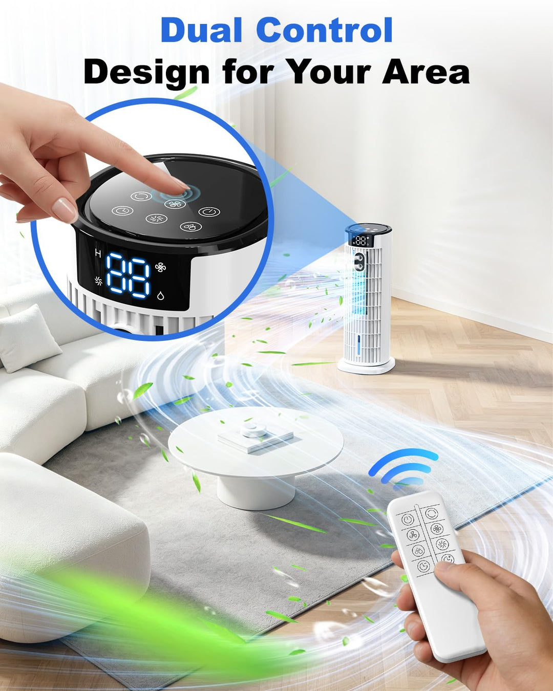 Sleek portable evaporative cooler, a 4-in-1 home cooling solution with remote & programmable timer.