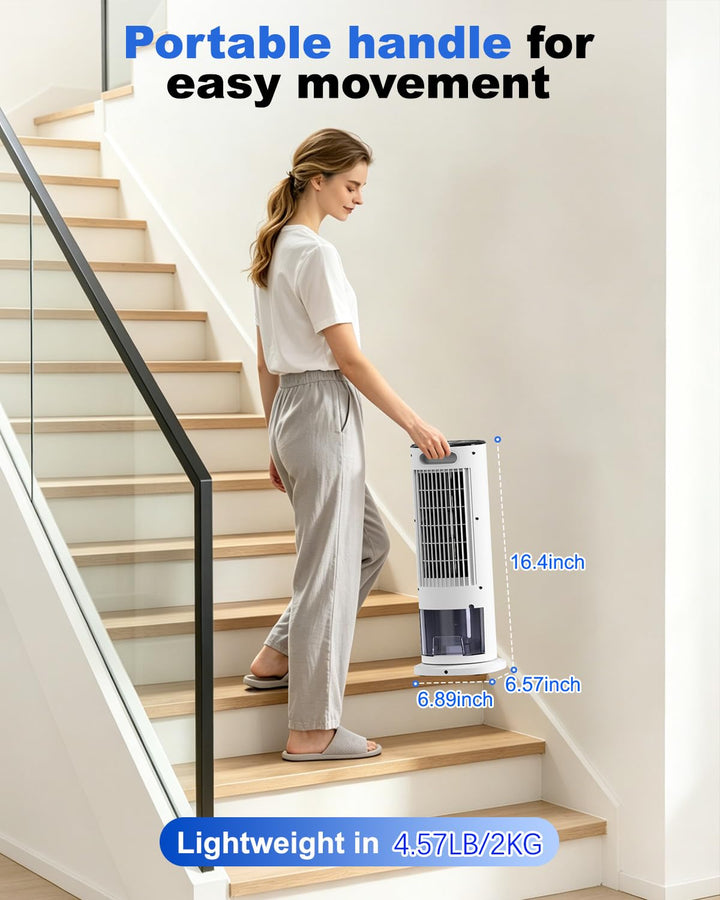 Compact 4-in-1 evaporative air cooler for home cooling, fan, and humidifying, includes remote.