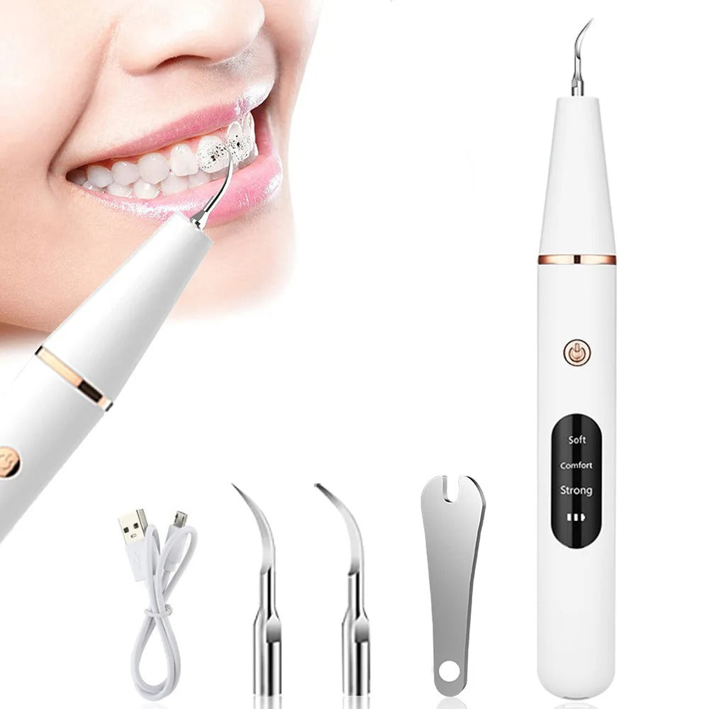 Home ultrasonic plaque remover for deep teeth cleaning, white ergonomic design, perfect for daily oral hygiene.