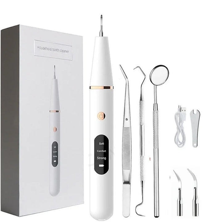 Ultrasonic plaque remover cleaning teeth, removing tartar & stains for a brighter smile and better gum health at home.