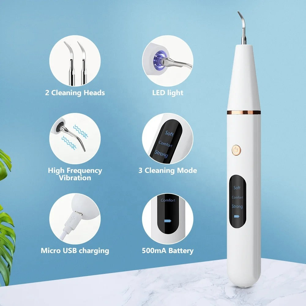 Compact home ultrasonic plaque remover in a modern bathroom, essential for personal dental care & fresh breath.