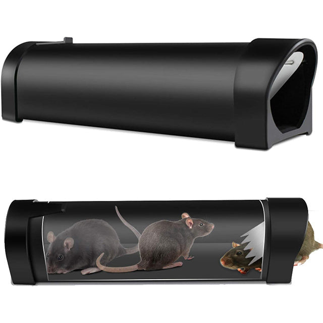 Easy-to-set humane plastic rat trap with secure door, ideal for indoor pest control & rodent capture.