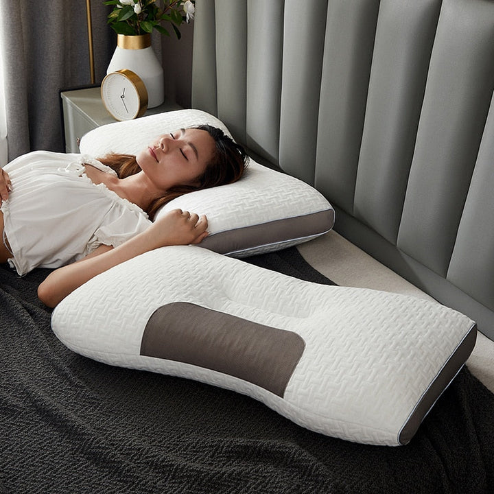 Hybrid pillow with ergonomic neck support for comfortable sleep, ideal for back and side sleepers.