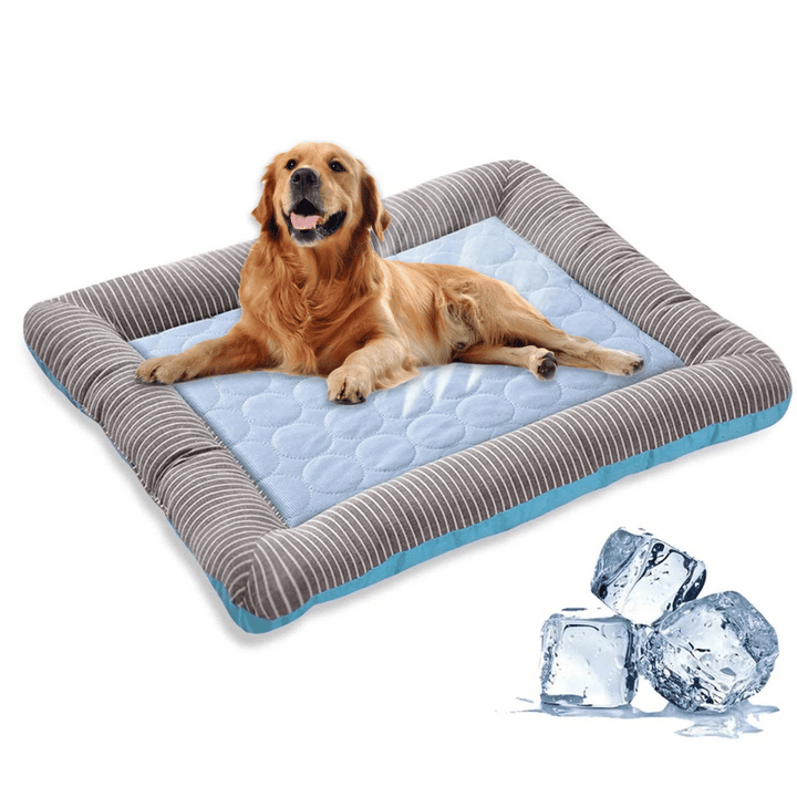 Ice silk cooling dog bed cushion for summer comfort. Machine washable pet mat provides relief from heat for dogs.