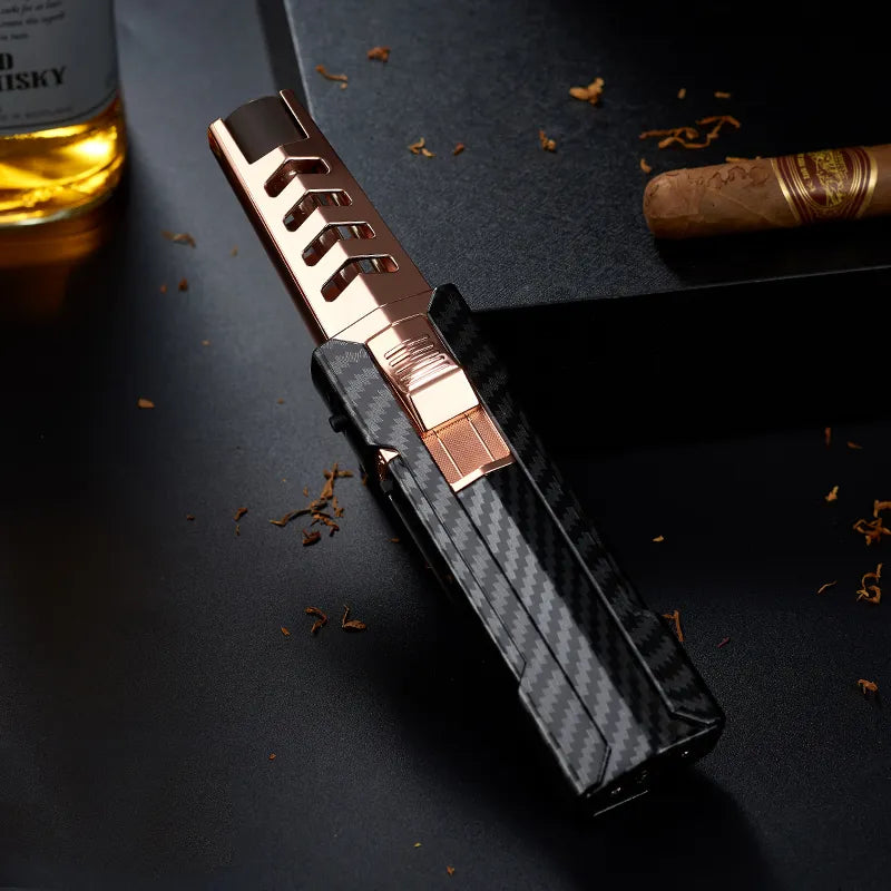 Durable metal jet lighter, refillable for long-lasting use, featuring an ergonomic design.