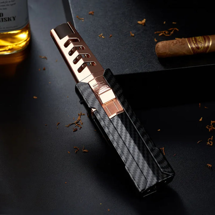 Durable metal jet lighter, refillable for long-lasting use, featuring an ergonomic design.