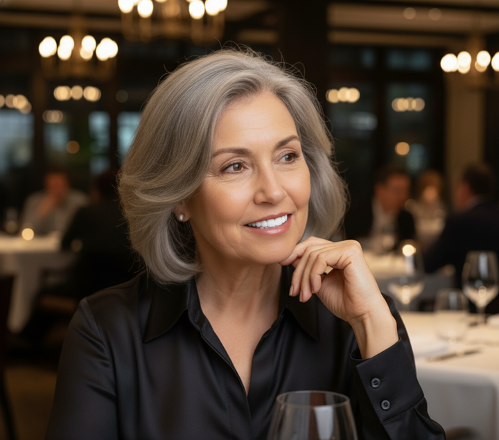 Woman smiling confidently with Instant Aesthetic Veneers, a removable solution for a perfect smile.