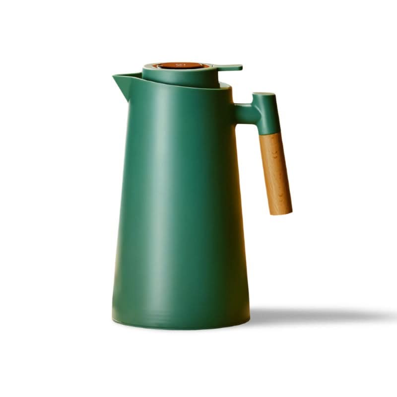 Elegant insulated drink server with a digital temperature reading and a premium wood handle for hot/cold liquids.