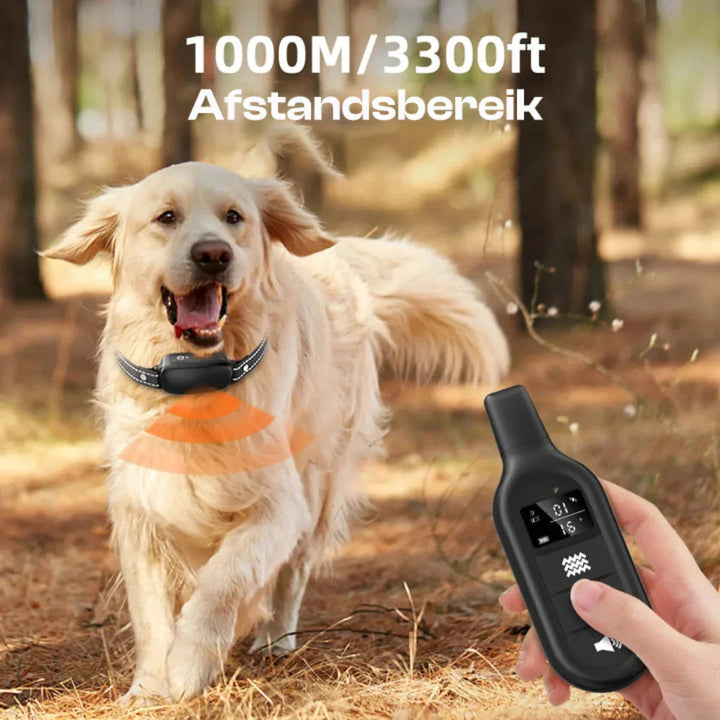 Electronic dog collar with vibration and shock options, 1000m range, waterproof design.