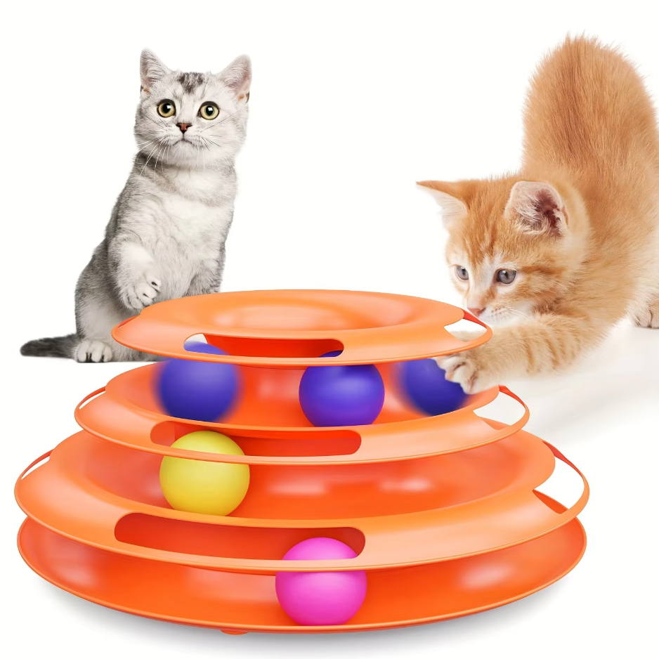 Interactive 3-stage cat play tower with rolling balls for feline enrichment & active play. Stimulates cats.