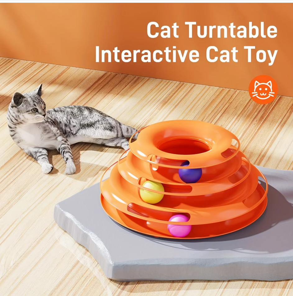 Multi-level cat ball toy tower, perfect for stimulating indoor cats & kittens. Great pet entertainment.