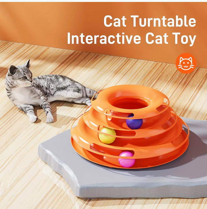 Multi-level cat ball toy tower, perfect for stimulating indoor cats & kittens. Great pet entertainment.