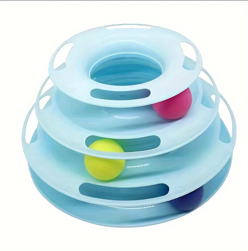 Brightly colored 3-tier cat activity tower with spinning balls, ideal interactive toy for playful felines.