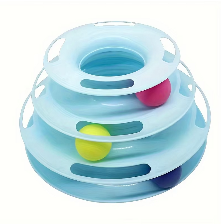 Brightly colored 3-tier cat activity tower with spinning balls, ideal interactive toy for playful felines.