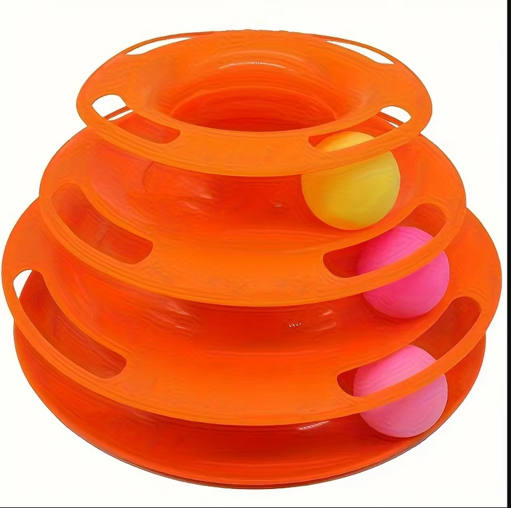 Colorful 3-tier cat activity tower with spinning balls for endless pet entertainment & stimulating play.