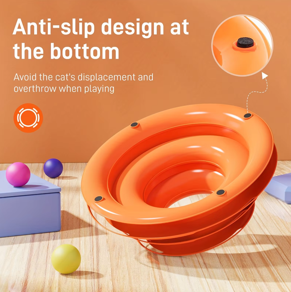 Interactive cat play tower, 3-stage design with rolling balls to stimulate active felines & kittens. Pet fun.