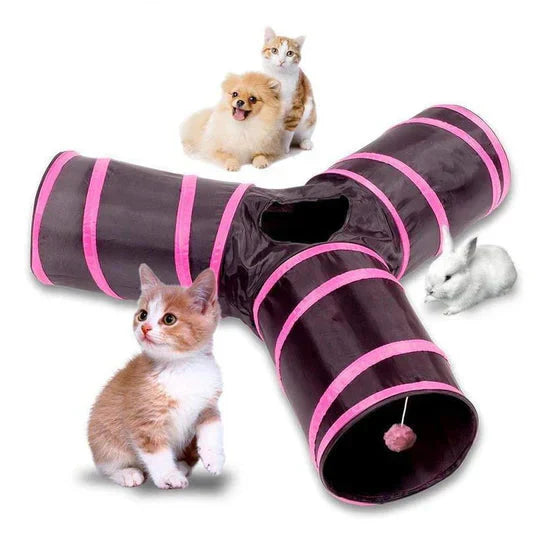 Interactive 3-Way foldable pet play tunnel for cats, kittens, and small animals. Encourages exercise & fun.
