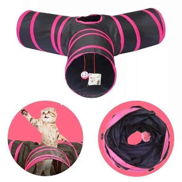 Foldable 3-way cat play tunnel toy. Perfect interactive hideaway for active cats & playful kittens.
