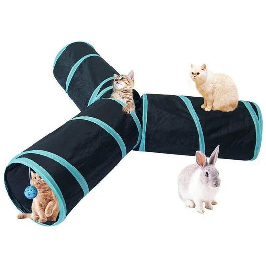 Multifunctional pet play tunnel for cats, dogs, and rabbits. 3-way design offers endless interactive fun & hideout.