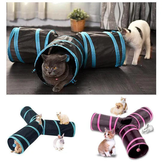 Engaging 3-way foldable cat tunnel for stimulating play and exercise. Great hideaway for pet activity.