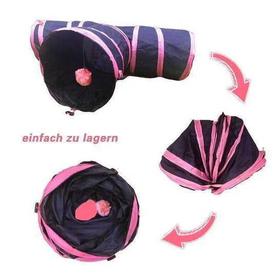Pet's activity play tunnel, a 3-way foldable interactive toy. Perfect for cat exercise, hide & seek, and fun.