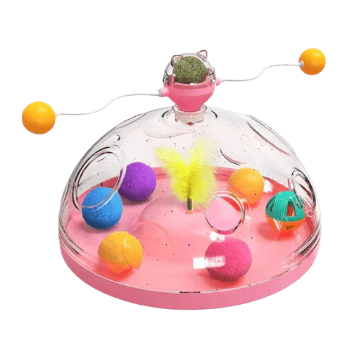 Multi-functional 5-in-1 cat puzzle toy designed for interactive play, mental stimulation, and treat dispensing.