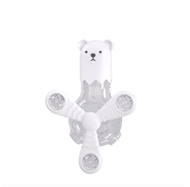 Cute bear-shaped cat food dispenser toy with rotating arms to challenge pets and slow eating.