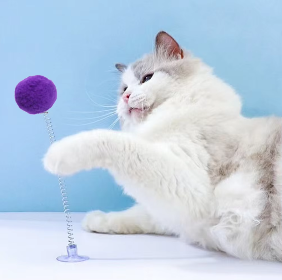 Interactive cat feather toy with strong suction cup for active indoor playtime.