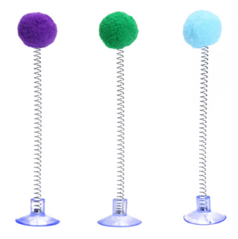 Cat's interactive feather toy with a strong suction cup, ideal for active indoor cats & kittens.