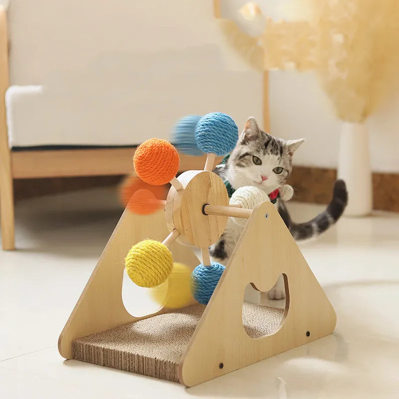 Interactive cat Ferris wheel toy with sisal scratching board for feline enrichment and play. Durable activity center.