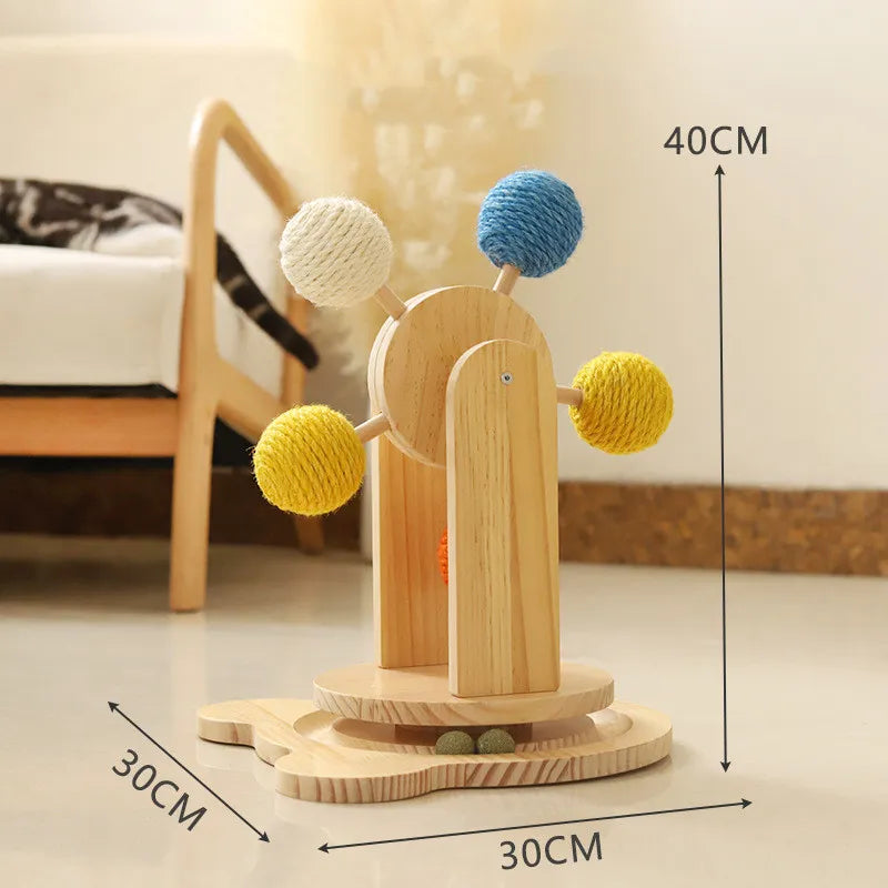 Close-up of an interactive cat Ferris wheel toy, showcasing the integrated scratching board and spinning play.