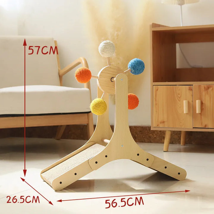 Feline enrichment toy: interactive cat Ferris wheel with a sturdy scratching board for active indoor cat play.