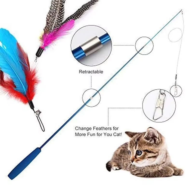Interactive cat fishing rod toy with realistic feather lure for engaging playtime.