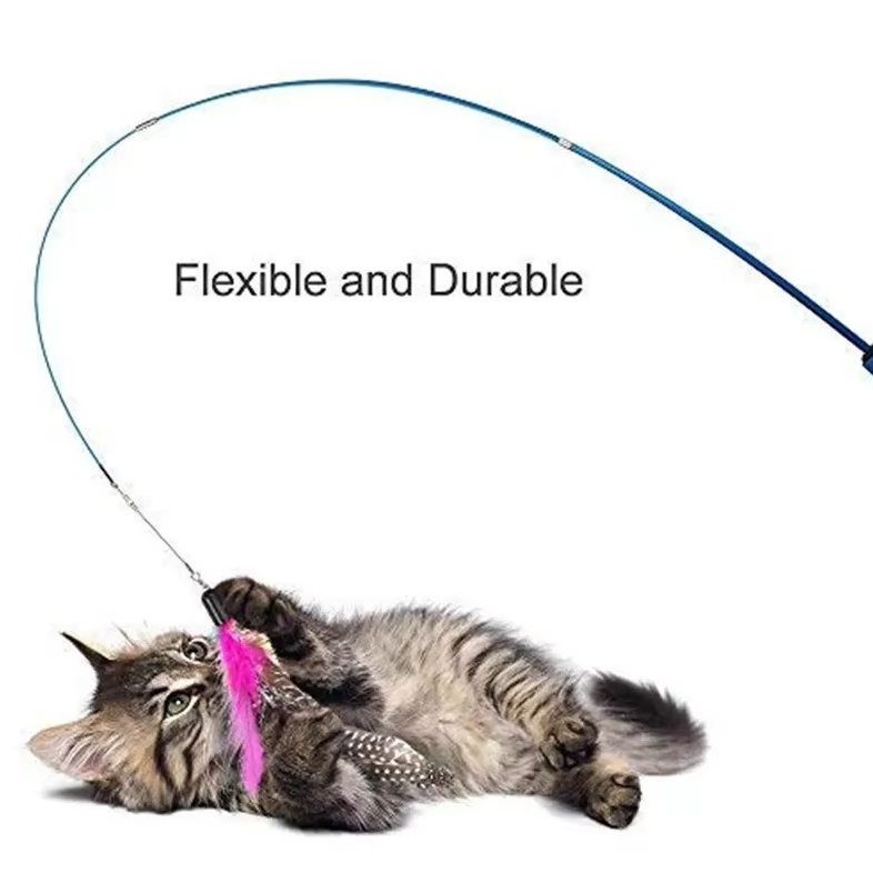 Telescopic cat wand toy featuring a durable handle and enticing feather attachment.